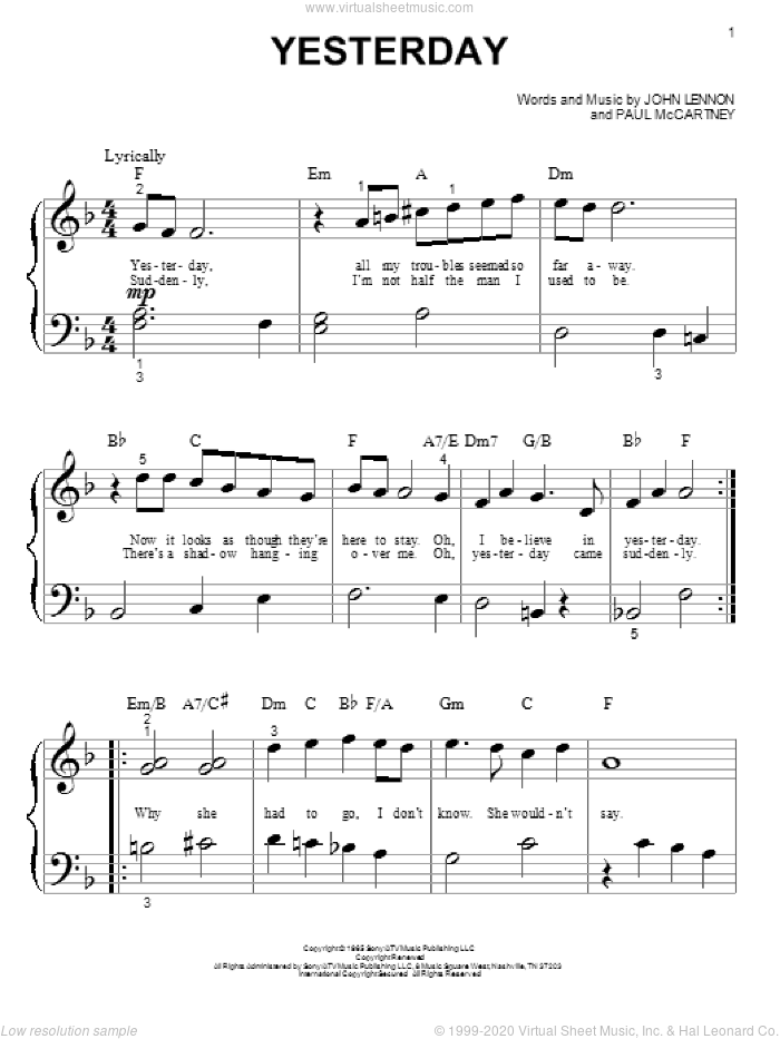 Yesterday sheet music for piano solo (big note book) by The Beatles, John Lennon and Paul McCartney, easy piano (big note book)