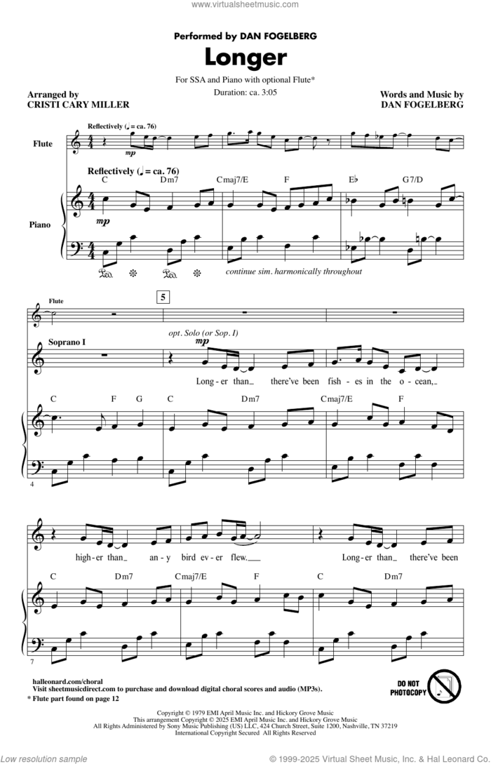 Longer (arr. Cristi Cary Miller) sheet music for choir (SSA: soprano, alto) by Dan Fogelberg and Cristi Cary Miller, intermediate skill level