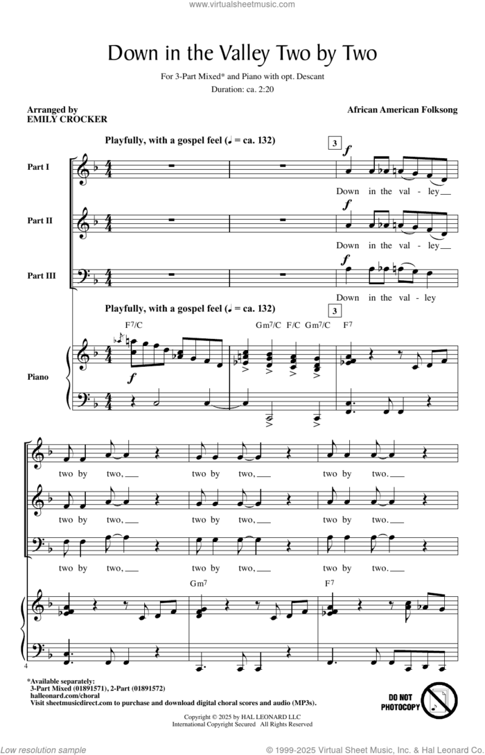 Down In The Valley Two By Two sheet music for choir (3-Part Mixed) by Emily Crocker and African American Folksong, intermediate skill level