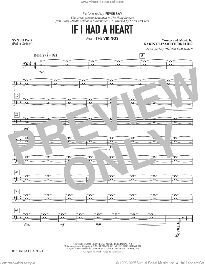 If I Had A Heart (arr. Roger Emerson) (complete set of parts) sheet music for orchestra/band (Rhythm) by Roger Emerson, Fever Ray and Karin Elizabeth Dreijer, intermediate skill level