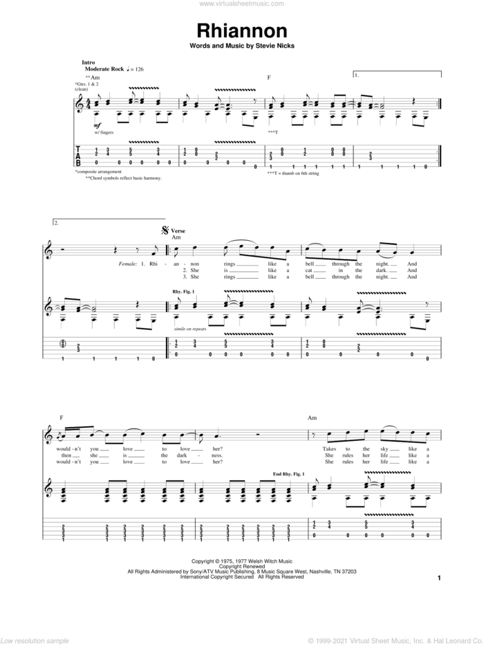 Rhiannon sheet music for guitar (tablature) by Fleetwood Mac and Stevie Nicks, intermediate skill level