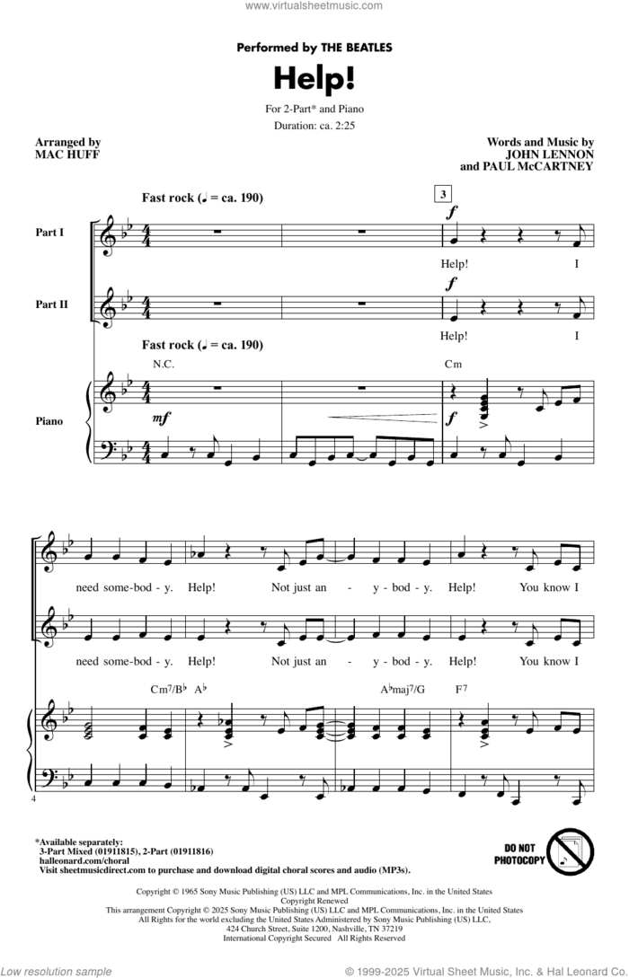 Help! (arr. Mac Huff) sheet music for choir (2-Part) by The Beatles, Mac Huff, John Lennon and Paul McCartney, intermediate duet