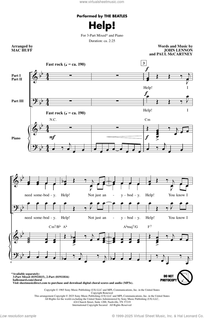Help! (arr. Mac Huff) sheet music for choir (3-Part Mixed) by The Beatles, Mac Huff, John Lennon and Paul McCartney, intermediate skill level