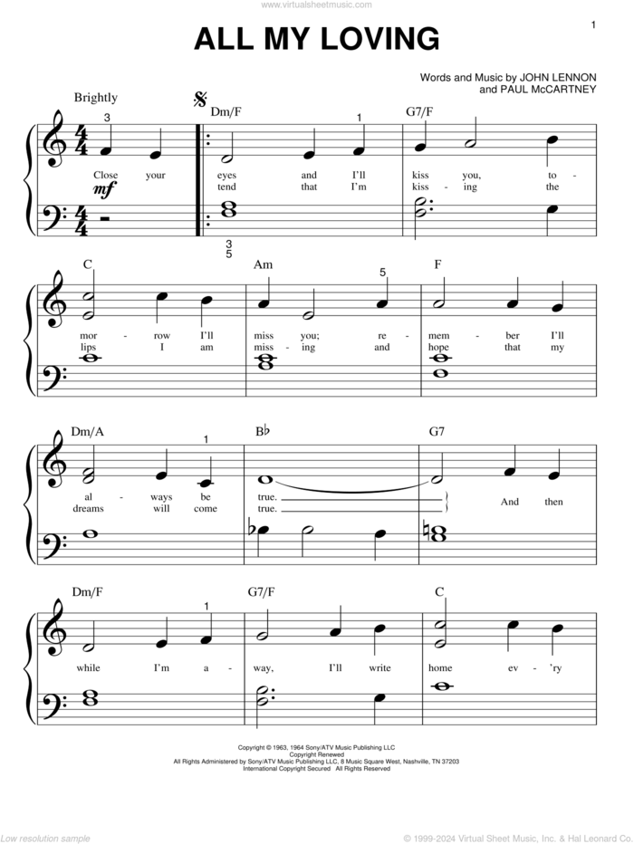 All My Loving sheet music for piano solo (big note book) by The Beatles, John Lennon and Paul McCartney, easy piano (big note book)