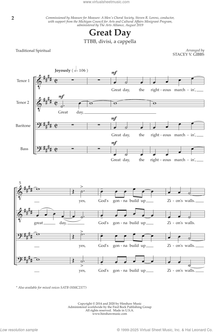 Great Day! sheet music for choir (TTBB: tenor, bass) by Stacey Gibbs, intermediate skill level
