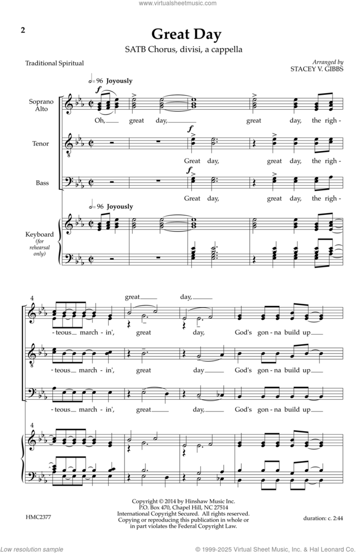 Great Day! sheet music for choir (SATB Divisi) by Stacey Gibbs, intermediate skill level