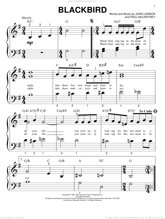 Blackbird sheet music for piano solo (big note book) by The Beatles, John Lennon and Paul McCartney, easy piano (big note book)