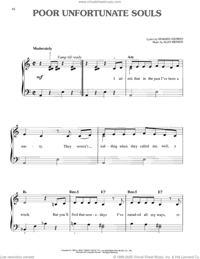 Poor Unfortunate Souls (from The Little Mermaid: A Broadway Musical) sheet music for piano solo by Howard Ashman and Alan Menken, easy skill level