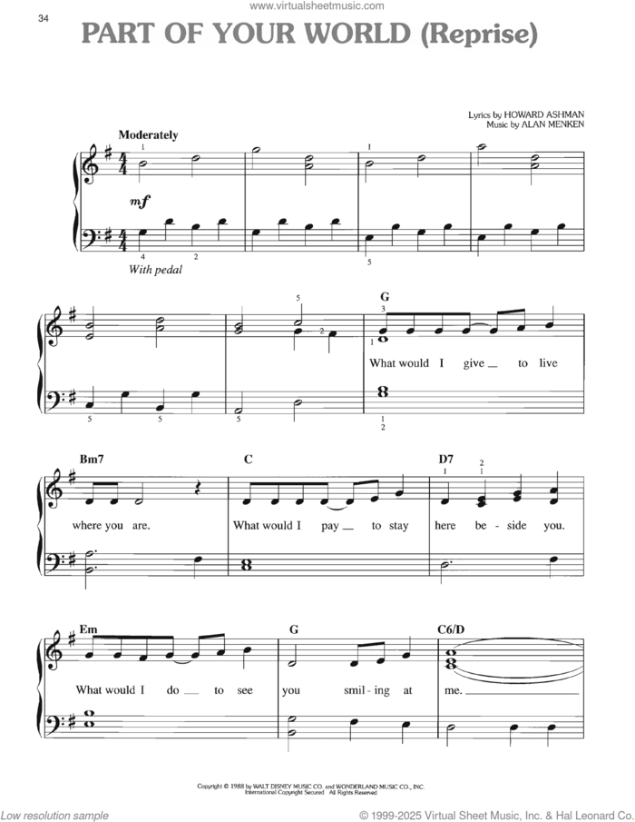 Part Of Your World (Reprise) (from The Little Mermaid: A Broadway Musical) sheet music for piano solo by Howard Ashman and Alan Menken, easy skill level