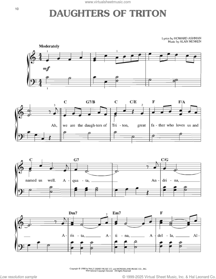 Daughters Of Triton (from The Little Mermaid: A Broadway Musical) sheet music for piano solo by Howard Ashman and Alan Menken, easy skill level