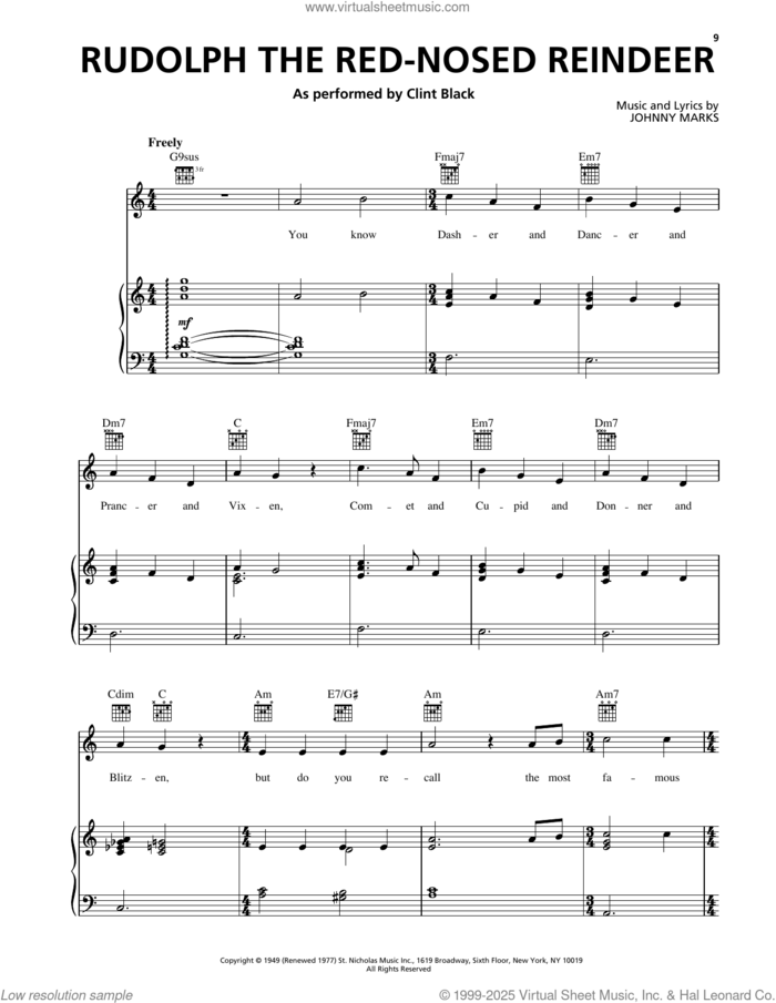 Rudolph The Red-Nosed Reindeer sheet music for voice, piano or guitar by John Denver and Johnny Marks, intermediate skill level