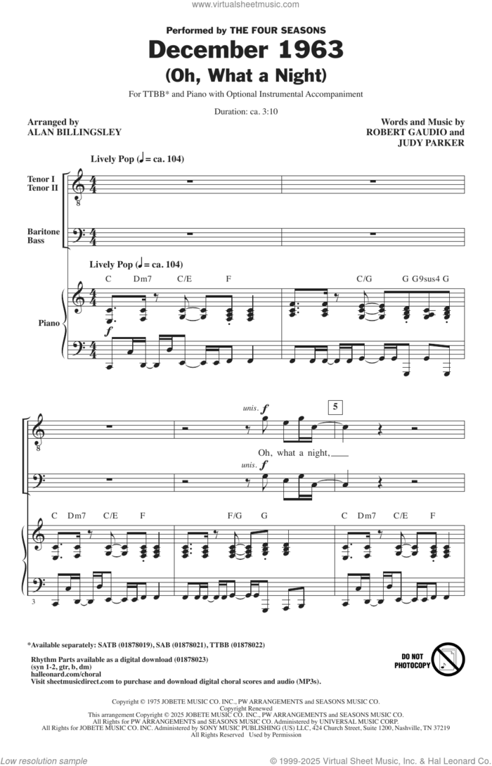 December 1963 (Oh, What A Night) (arr. Alan Billingsley) sheet music for choir (TTBB: tenor, bass) by The Four Seasons, Alan Billingsley, Bob Gaudio, Judy Parker and Robert Gaudio, intermediate skill level