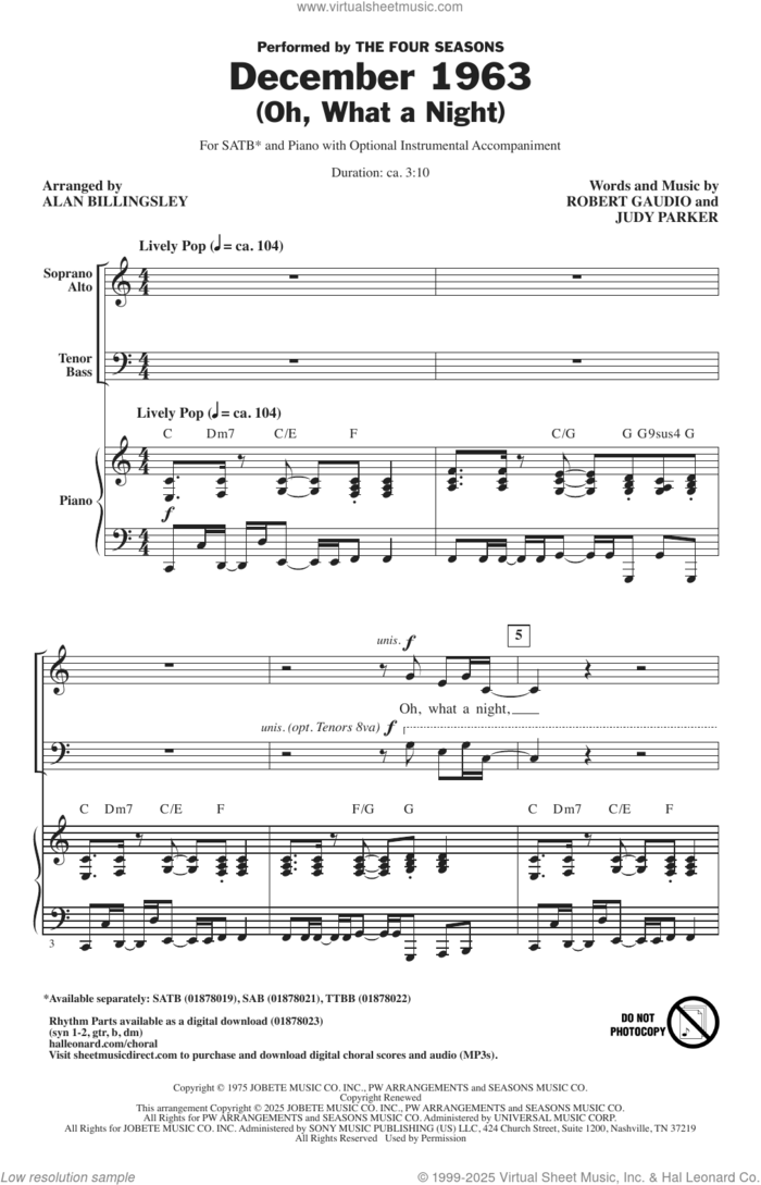 December 1963 (Oh, What A Night) (arr. Alan Billingsley) sheet music for choir (SATB: soprano, alto, tenor, bass) by The Four Seasons, Alan Billingsley, Bob Gaudio, Judy Parker and Robert Gaudio, intermediate skill level