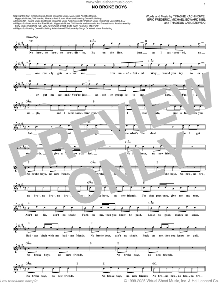 No Broke Boys (Disco Lines Remix) sheet music for voice and other instruments (fake book) by Tinashe, Eric Frederic, Michael Edward Neil, Thadeus Labuszewski and Tinashe Kachingwe, intermediate skill level