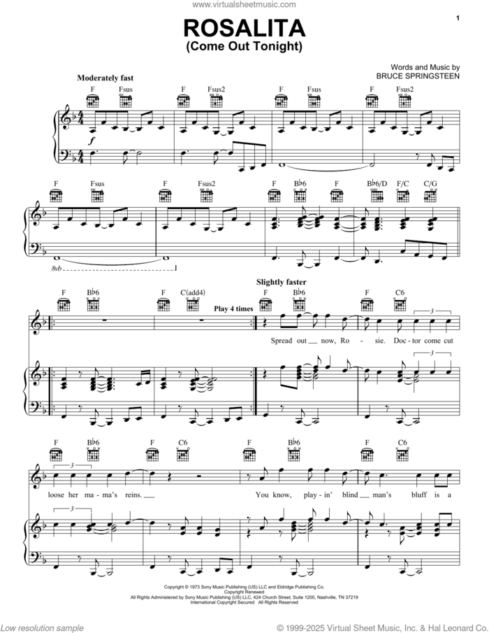 Rosalita (Come Out Tonight) sheet music for voice, piano or guitar by Bruce Springsteen, intermediate skill level