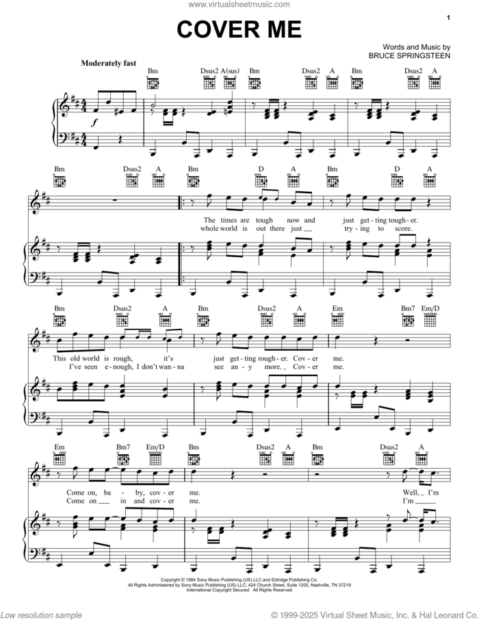 Cover Me sheet music for voice, piano or guitar by Bruce Springsteen, intermediate skill level