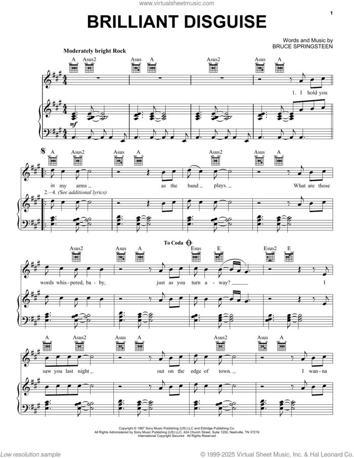 Brilliant Disguise sheet music for voice, piano or guitar by Bruce Springsteen, intermediate skill level