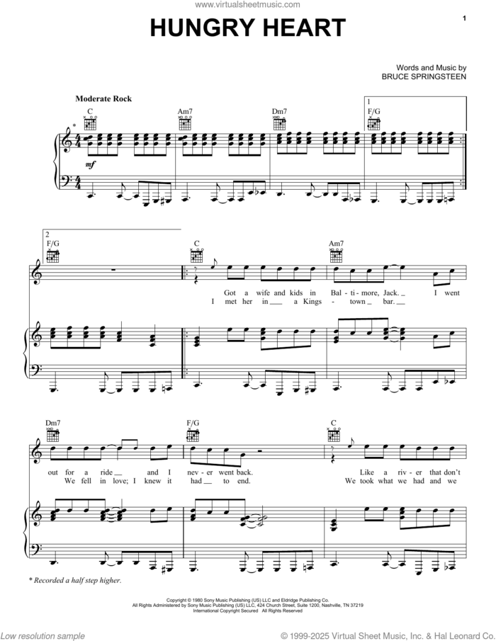 Hungry Heart sheet music for voice, piano or guitar by Bruce Springsteen, intermediate skill level