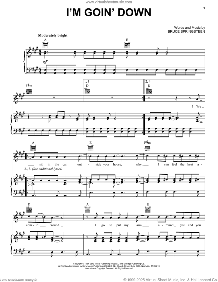 I'm Goin' Down sheet music for voice, piano or guitar by Bruce Springsteen, intermediate skill level