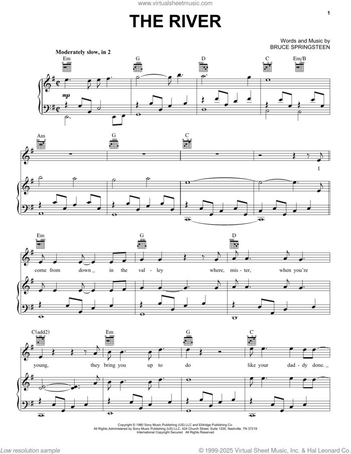 The River sheet music for voice, piano or guitar by Bruce Springsteen, intermediate skill level