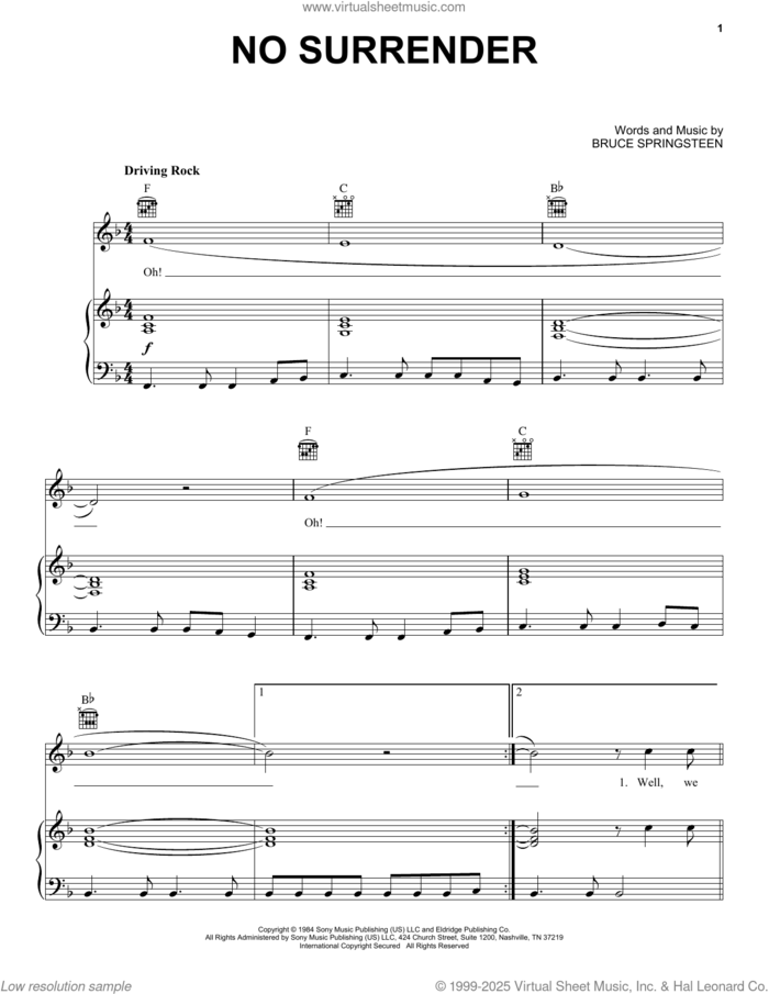 No Surrender sheet music for voice, piano or guitar by Bruce Springsteen, intermediate skill level