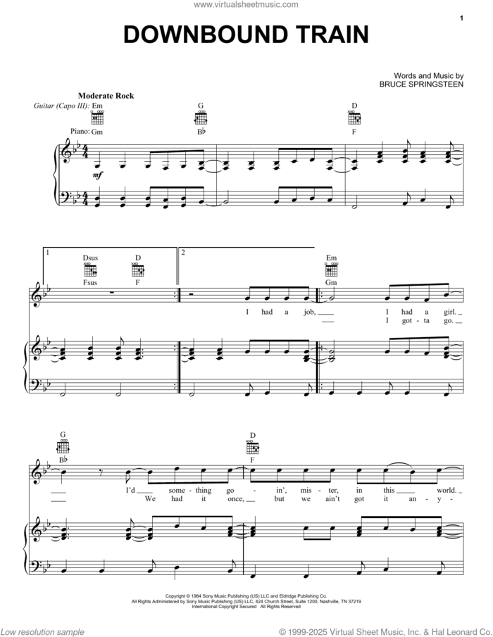 Downbound Train sheet music for voice, piano or guitar by Bruce Springsteen, intermediate skill level