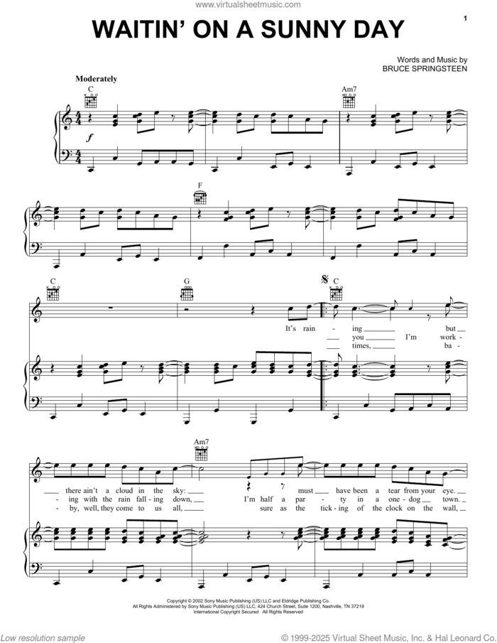 Waitin' On A Sunny Day sheet music for voice, piano or guitar by Bruce Springsteen, intermediate skill level