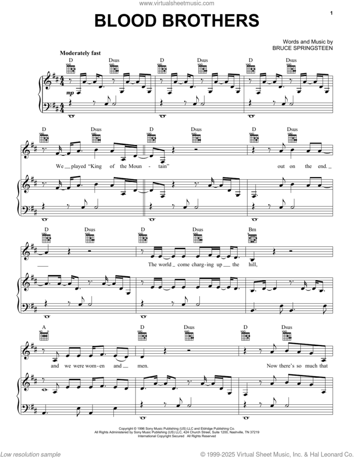 Blood Brothers sheet music for voice, piano or guitar by Bruce Springsteen, intermediate skill level