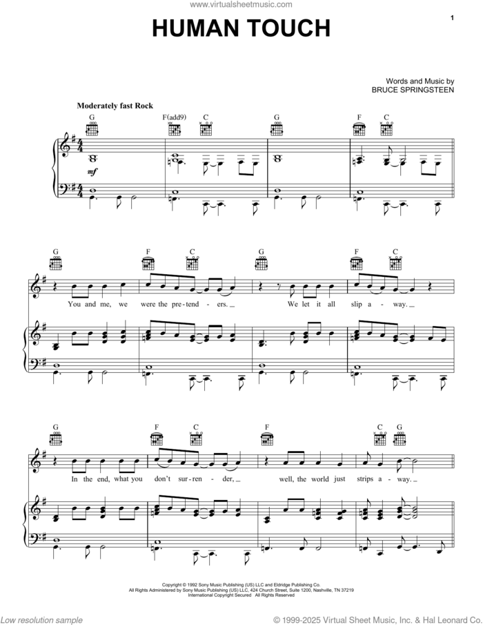 Human Touch sheet music for voice, piano or guitar by Bruce Springsteen, intermediate skill level