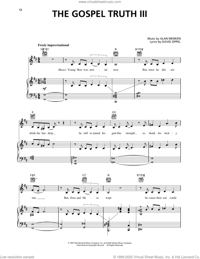 The Gospel Truth III (from Hercules) sheet music for voice, piano or guitar by Alan Menken and David Zippel, intermediate skill level