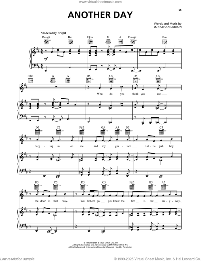 Another Day (from Rent) sheet music for voice, piano or guitar by Jonathan Larson, intermediate skill level