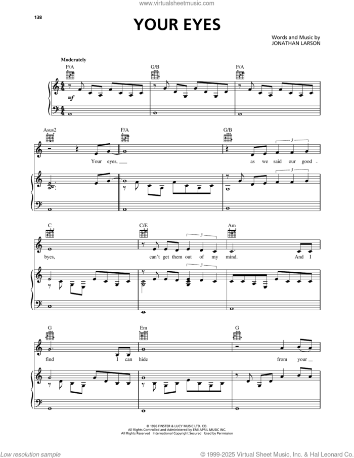 Your Eyes (from Rent) sheet music for voice, piano or guitar by Jonathan Larson, intermediate skill level
