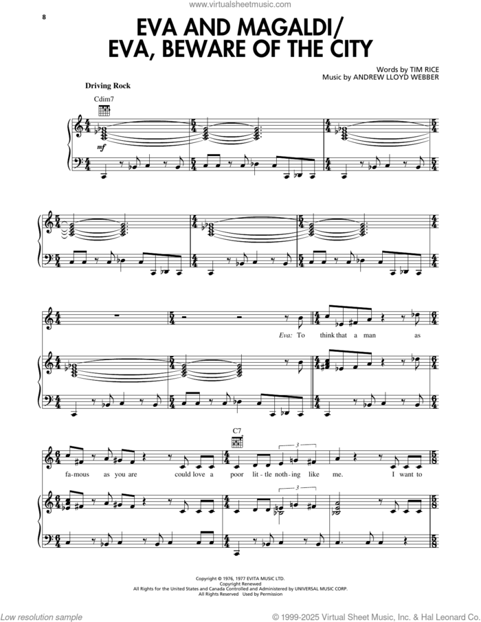Eva And Magaldi (from Evita) sheet music for voice, piano or guitar by Andrew Lloyd Webber and Tim Rice, intermediate skill level