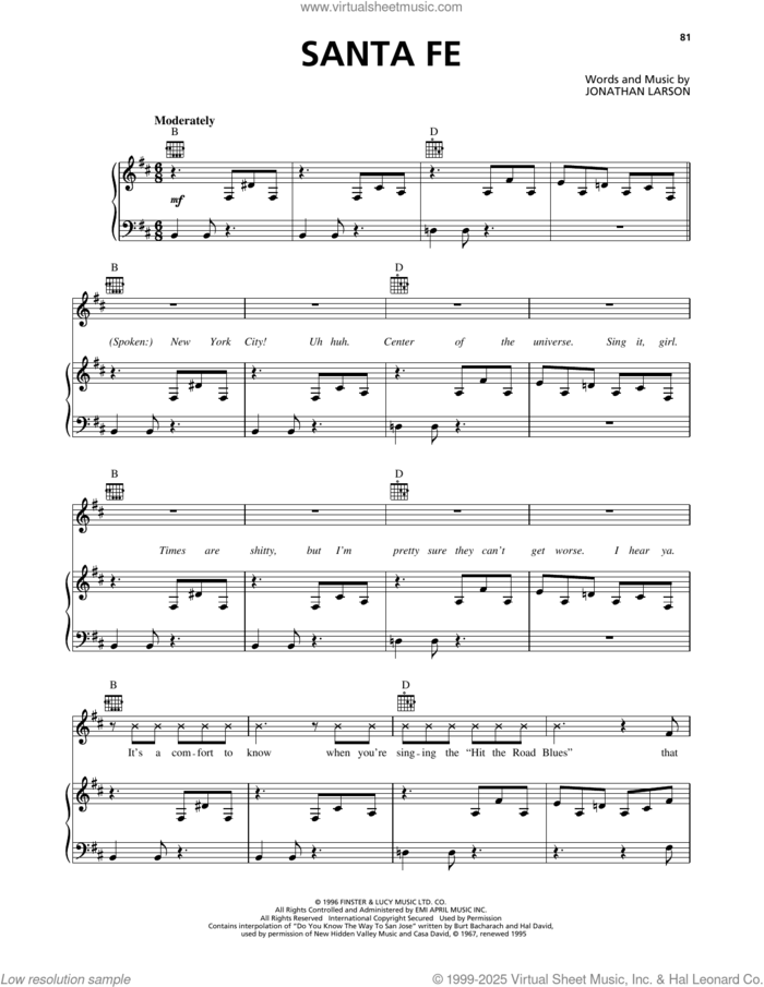 Santa Fe (from Rent) sheet music for voice, piano or guitar by Jonathan Larson, classical score, intermediate skill level