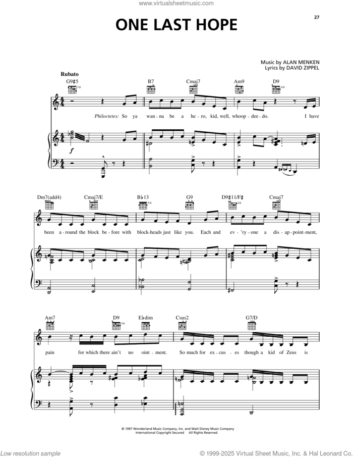 One Last Hope (from Hercules) sheet music for voice, piano or guitar by Alan Menken and David Zippel, intermediate skill level