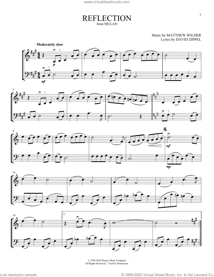 Reflection (from Mulan) (arr. Michelle Hynson) sheet music for instrumental duet (duets) by Christina Aguilera, Michelle Hynson, David Zippel and Matthew Wilder, intermediate skill level