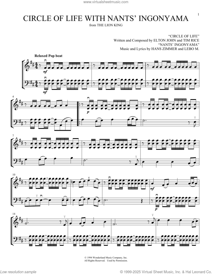 Circle Of Life (from The Lion King) (arr. Michelle Hynson) sheet music for instrumental duet (duets) by Elton John, Michelle Hynson and Tim Rice, intermediate skill level
