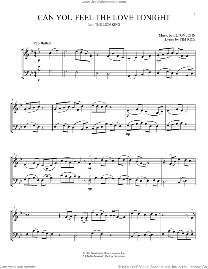 Can You Feel The Love Tonight (from The Lion King) (arr. Michelle Hynson) sheet music for instrumental duet (duets) by Elton John, Michelle Hynson and Tim Rice, intermediate skill level