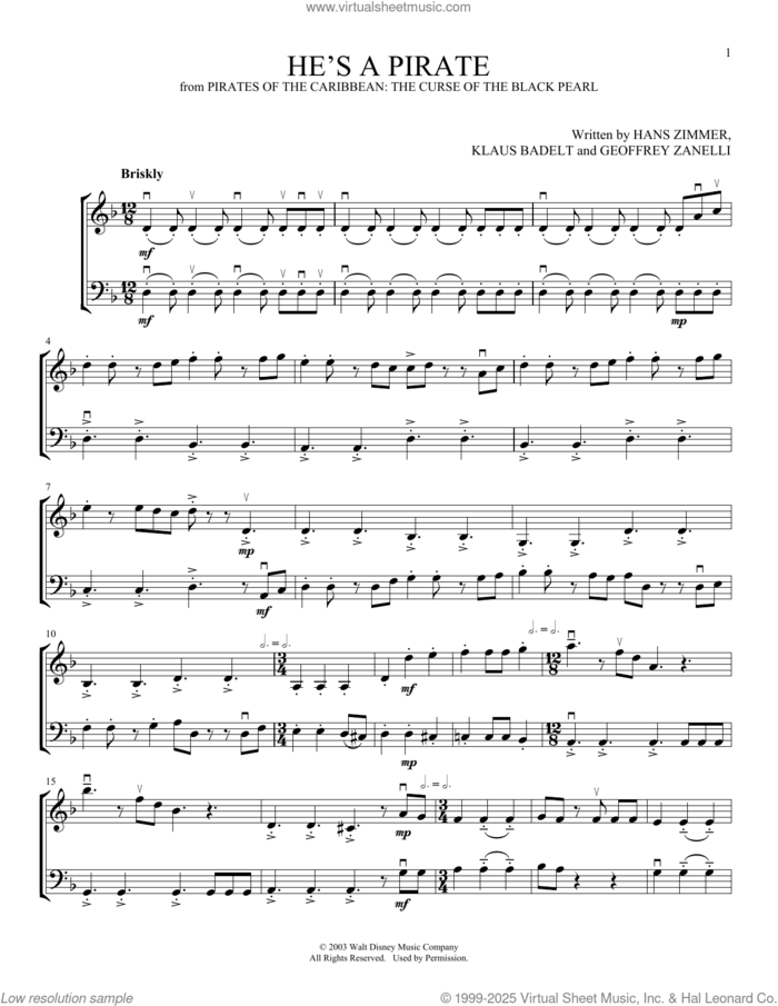 He's A Pirate (from Pirates Of The Caribbean: The Curse Of The Black Pearl) (arr. Michelle Hynson) sheet music for instrumental duet (duets) by Hans Zimmer, Michelle Hynson, Geoffrey Zanelli and Klaus Badelt, intermediate skill level