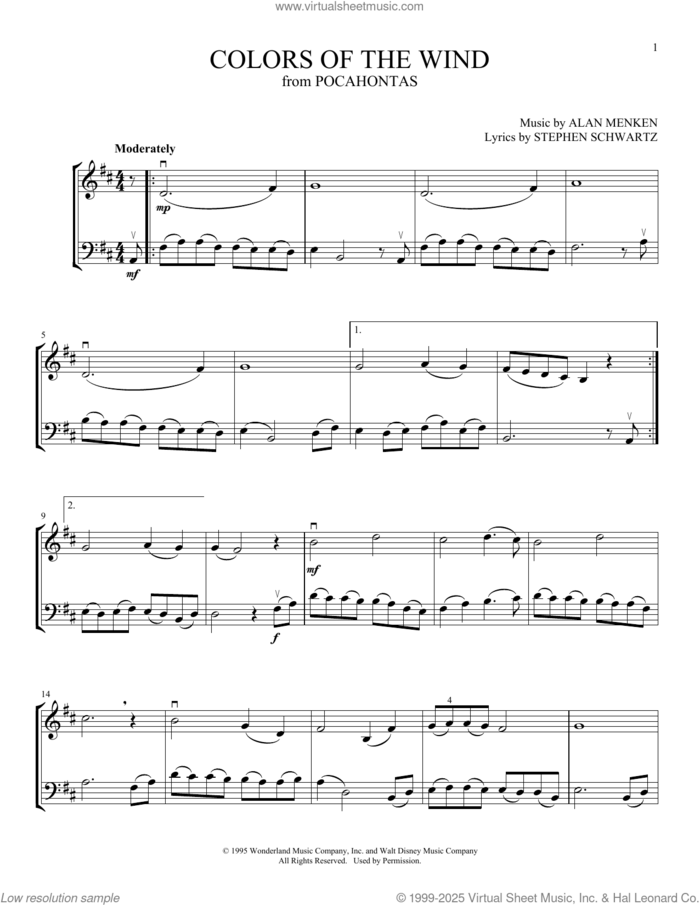 Colors Of The Wind (from Pocahontas) (arr. Michelle Hynson) sheet music for instrumental duet (duets) by Vanessa Williams, Michelle Hynson, Alan Menken and Stephen Schwartz, intermediate skill level