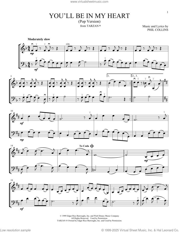 You'll Be In My Heart (Pop Version) (from Tarzan) (arr. Michelle Hynson) sheet music for instrumental duet (duets) by Phil Collins and Michelle Hynson, intermediate skill level