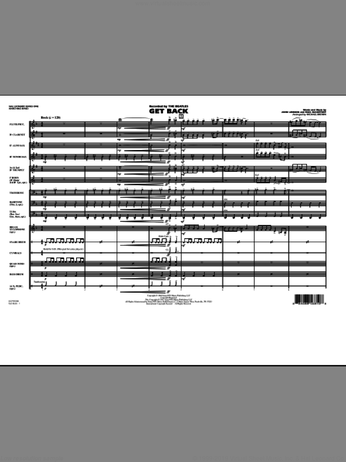 Get Back (COMPLETE) sheet music for marching band by Paul McCartney, John Lennon, Michael Brown and The Beatles, intermediate skill level
