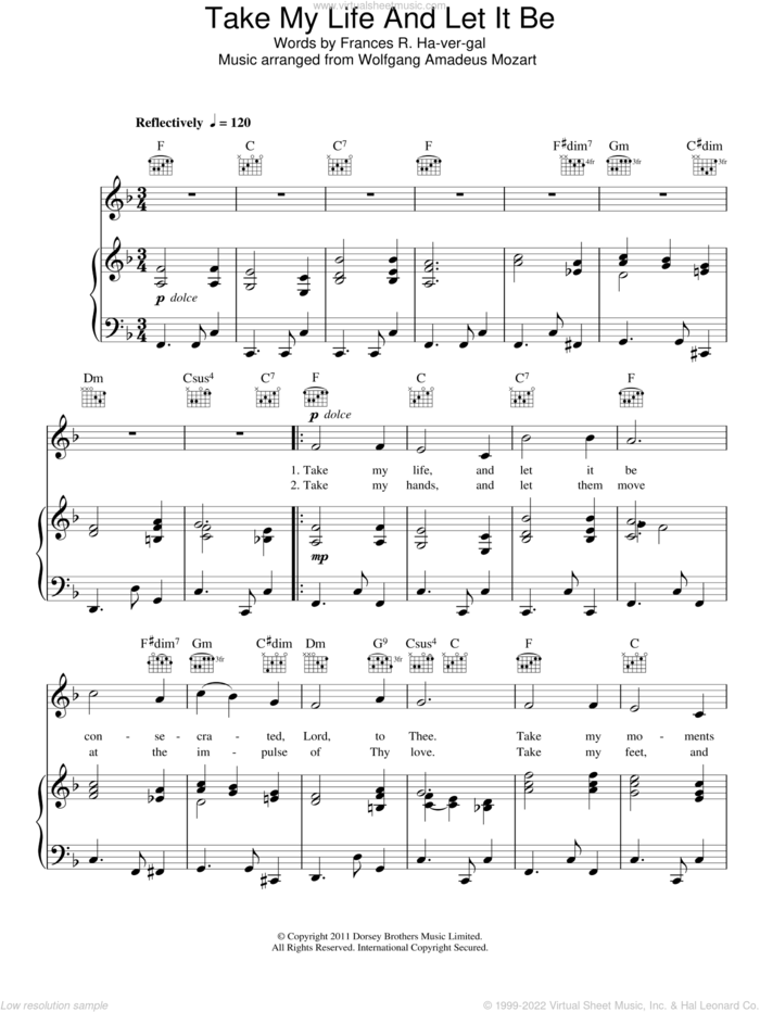 Take My Life And Let It Be sheet music for voice, piano or guitar by Wolfgang Amadeus Mozart and Frances R. Havergal, classical score, intermediate skill level