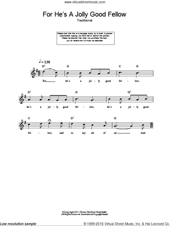 For He's A Jolly Good Fellow sheet music for voice and other instruments (fake book), intermediate skill level