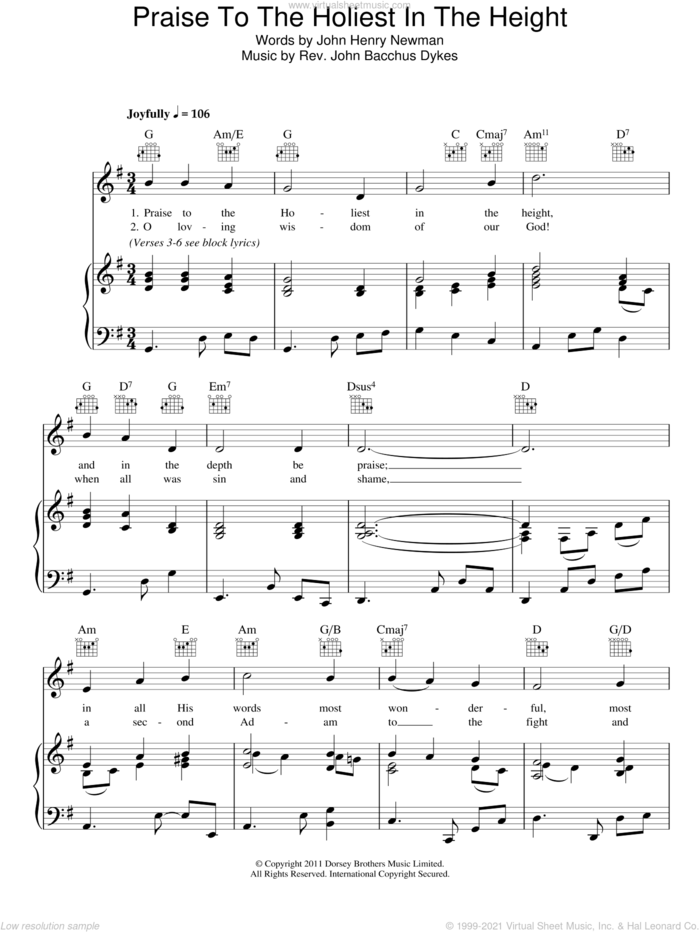 Praise To The Holiest In The Heights sheet music for voice, piano or guitar by John Bacchus Dykes and John Henry Newman, intermediate skill level