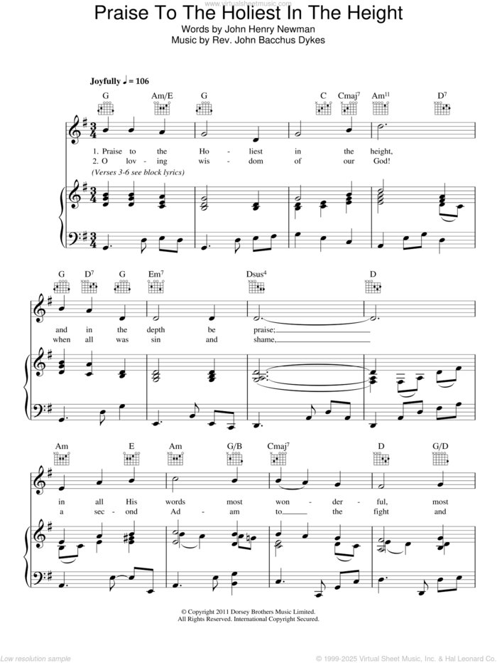 Praise To The Holiest In The Heights sheet music for voice, piano or guitar by John Bacchus Dykes and John Henry Newman, intermediate skill level