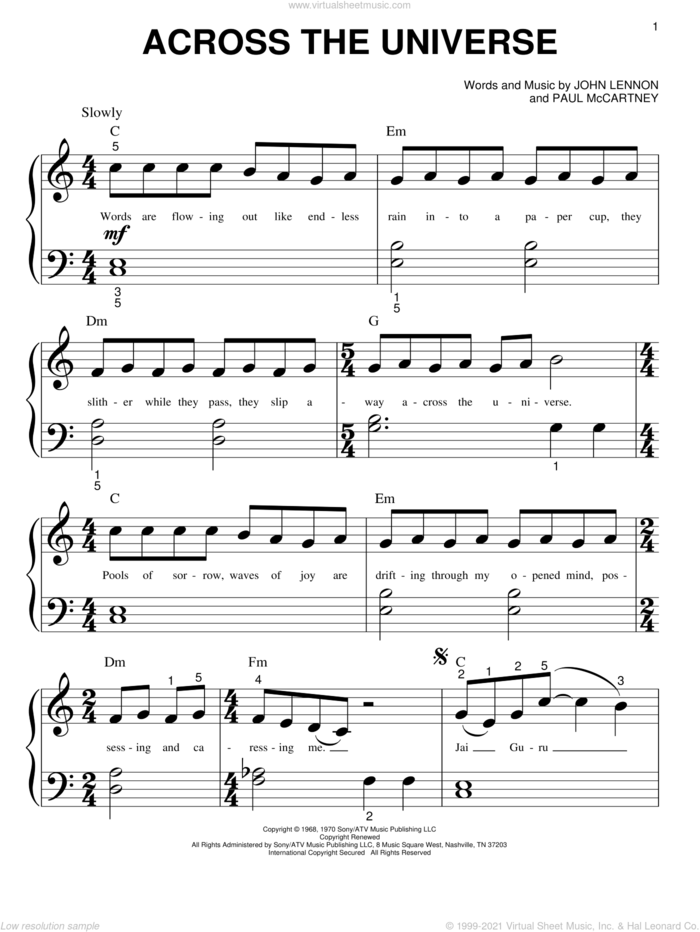 Across The Universe sheet music for piano solo (big note book) by The Beatles, John Lennon and Paul McCartney, easy piano (big note book)