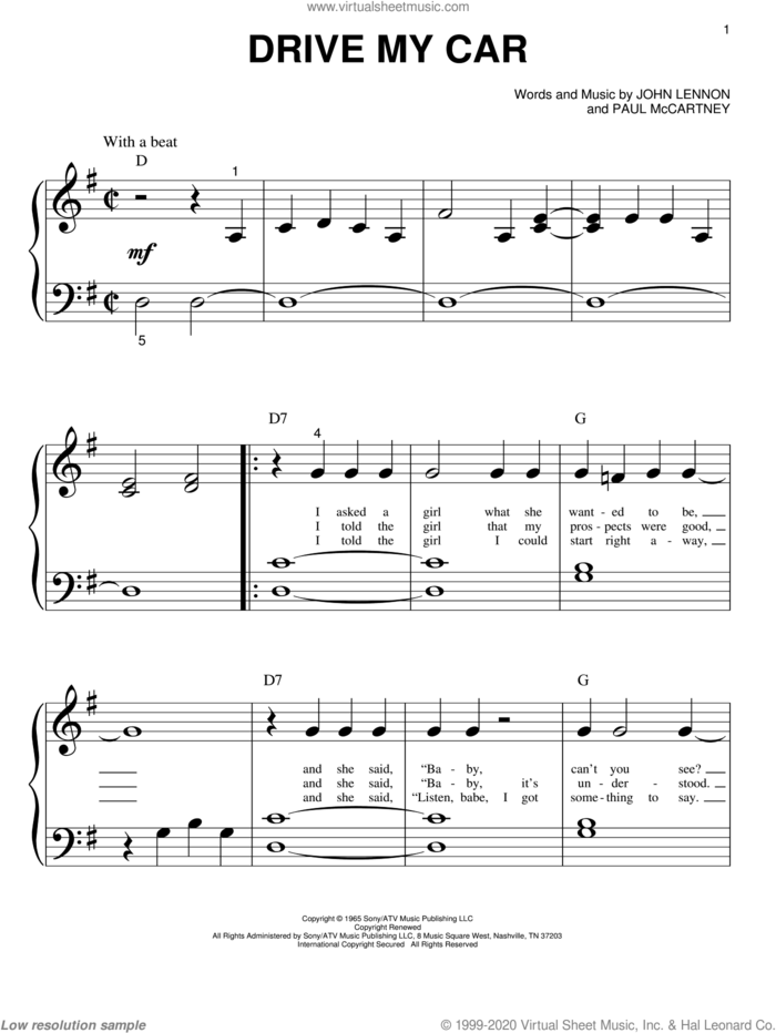 Drive My Car sheet music for piano solo (big note book) by The Beatles, John Lennon and Paul McCartney, easy piano (big note book)