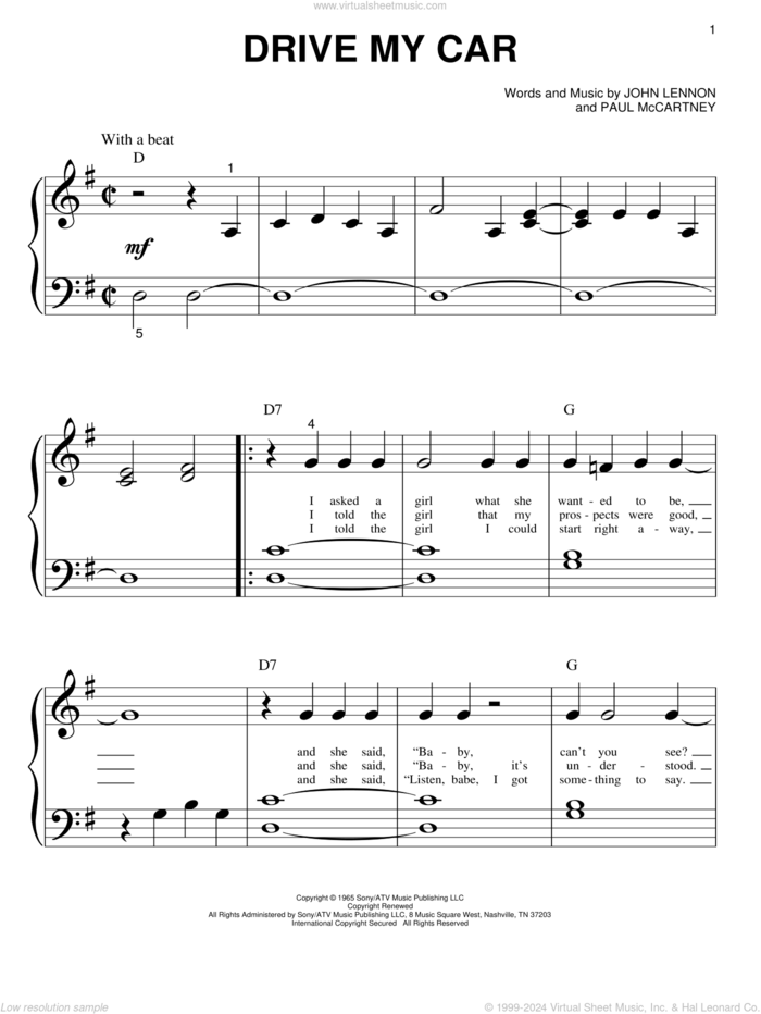 Drive My Car sheet music for piano solo (big note book) by The Beatles, John Lennon and Paul McCartney, easy piano (big note book)