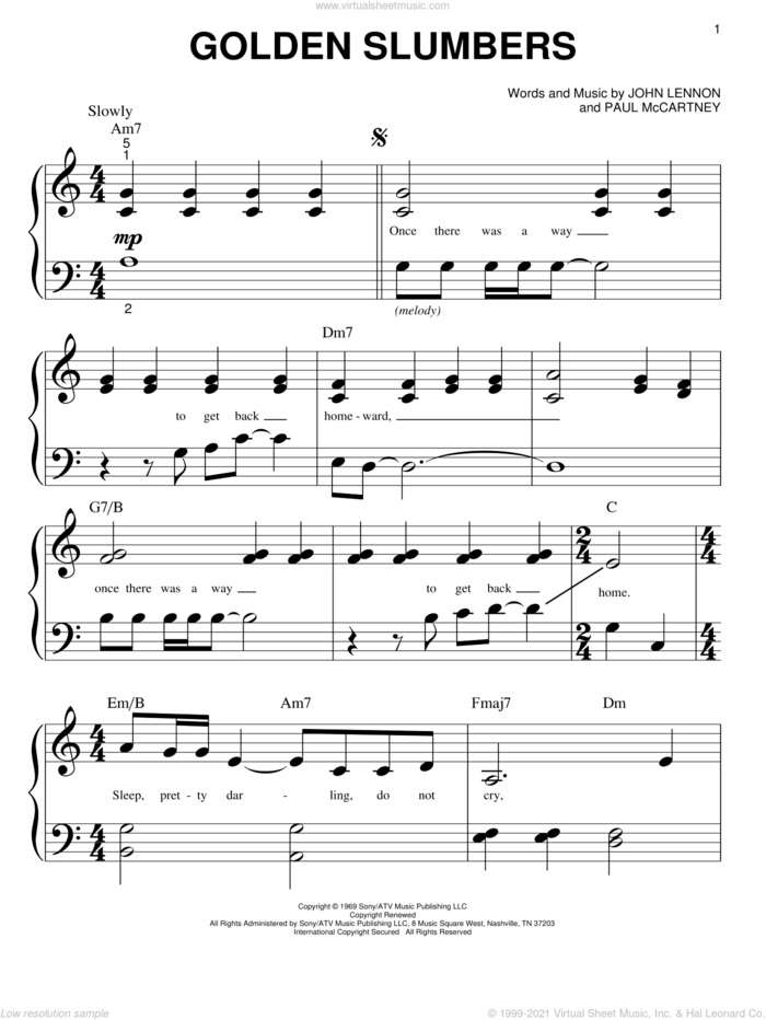 Golden Slumbers sheet music for piano solo (big note book) by The Beatles, John Lennon and Paul McCartney, easy piano (big note book)
